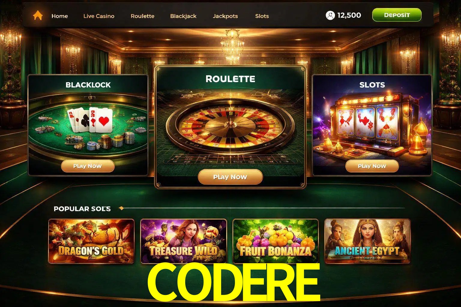 Vista de la plataforma CODERE Casino mostrando categorías organizadas de juegos en línea